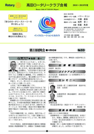2018年度　第33回例会　4月5日(金)